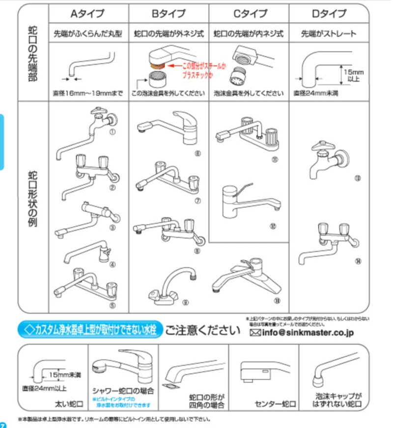 日本シンクマスターの取り付け可能な蛇口